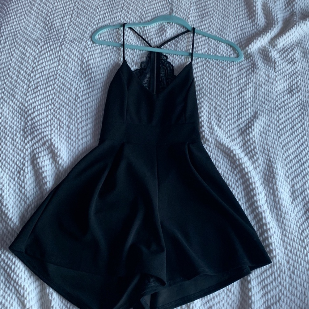 Black open back lace romper